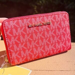 Michael Kors Jet Set Small MK Signature Card Case Wallet Sangria NWT